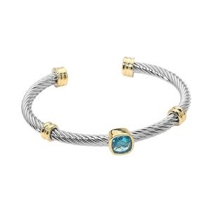 Two Tone Cable Cuff Aquamarine Stone Bracelet